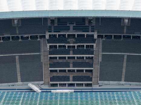 Berlin Germany 26 September 2026 Aerial view of the Olympiastadion Berlin showing the tiered seating sections the stadium structure and the roof canopy.