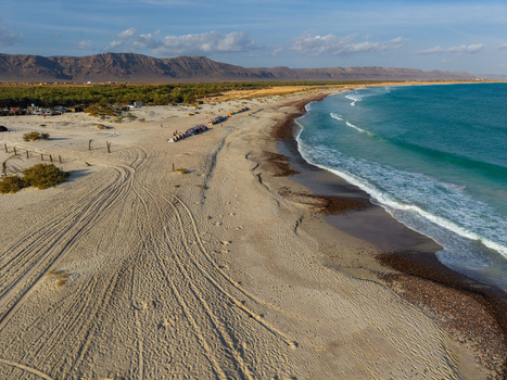 Aerial view of a vast sandy beach meeting the turquoise sea with mountains in the background at Aomak campsite Aomak Socotra Yemen.