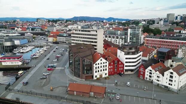 Aerial view of Stavanger harbor and historic buildings Norway.