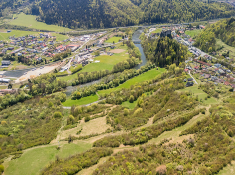 Aerial view of Orava Castle perched on a high rock above the winding Orava river and lush green hills in Dolny Kubin Zilinsky kraj Slovakia. Aerial view of Orava Castle perched on a high rock above the winding Orava river and lush green hills in Dolny Kubin Zilinsky kraj Slovakia.