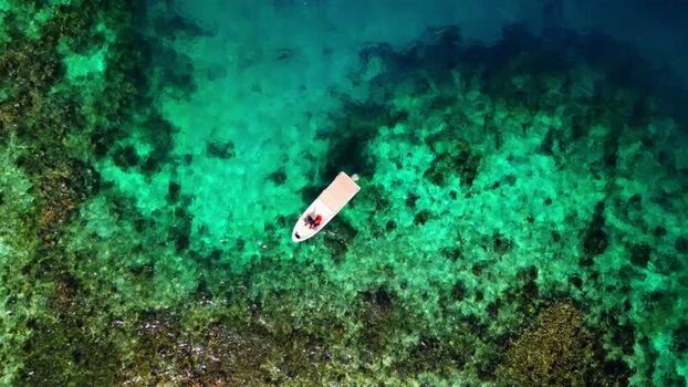 Aerial view of a small boat on turquoise water in Guanaja Honduras.