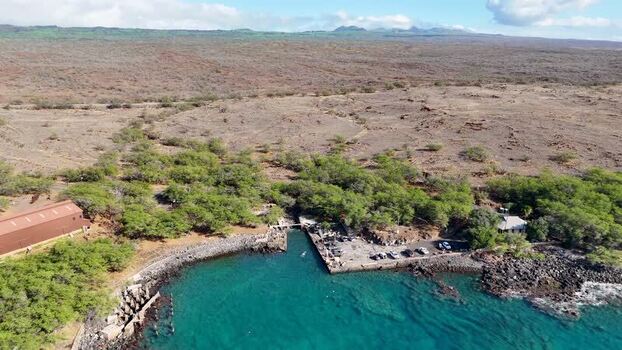 Aerial view of Mahukona Beach Park and the rocky coastline United States.