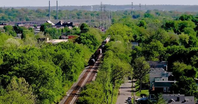 Aerial view of a freight train in Cincinnati United States. Aerial view of a freight train in Cincinnati United States.