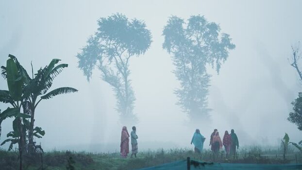 View of people walking through a foggy field in Bogura Bangladesh.