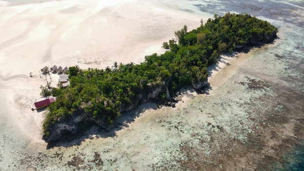 Aerial view of Raja Ampat island with lush vegetation white sand beach wooden huts and clear turquoise waters over a coral reef in Raja Ampat Southwest Papua Indonesia.