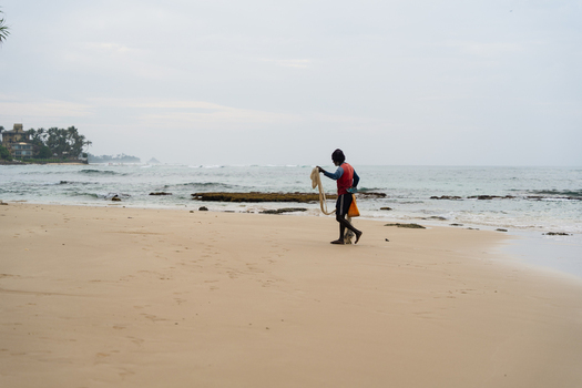 Sri Lanka 03 February 2026 View of a fisherman walking along a sandy beach while carrying a fishing net under an overcast sky.