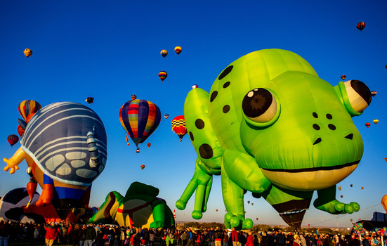 Albuquerque United States 12 October 2017 View of vibrant hot air balloons including a giant green frog rising against the clear blue sky at the Albuquerque International Balloon Fiesta.. Albuquerque United States 12 October 2017 View of vibrant hot air balloons including a giant green frog rising against the clear blue sky at the Albuquerque International Balloon Fiesta..