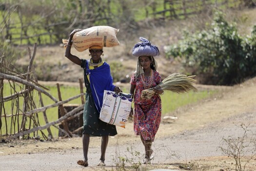 Odisha India 26 March 2026 View of two women walking along a rural road carrying their burdens against a backdrop of dry fields and distant trees. Odisha India 26 March 2026 View of two women walking along a rural road carrying their burdens against a backdrop of dry fields and distant trees.