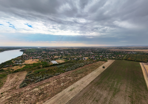 Aerial view of Ercsi on the Danube with farmland and riverside housing Aerial view of Ercsi on the Danube with farmland and riverside housing