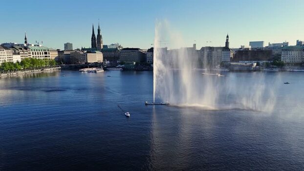 Aerial view of the Binnenalster lake and Alsterfontane fountain Germany.