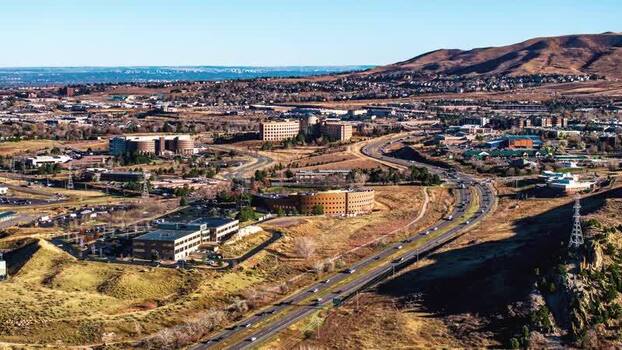 Aerial view of Golden buildings and highway United States.
