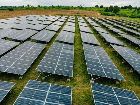 Aerial view of solar panels installed in a field in Ogun State Nigeria.
