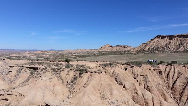 Aerial view of Bardenas Reales desert landscape in Spain.