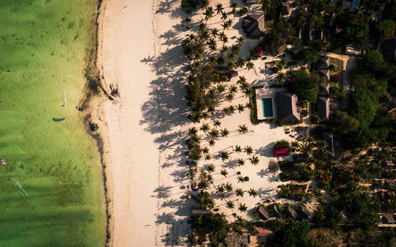 Aerial view of the sandy beach meeting the turquoise waters dotted with palm trees and thatched roofs Paje Unguja South Region Tanzania. Aerial view of the sandy beach meeting the turquoise waters dotted with palm trees and thatched roofs Paje Unguja South Region Tanzania.