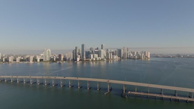 Aerial view of Miami skyline and Rickenbacker Causeway Florida United States.