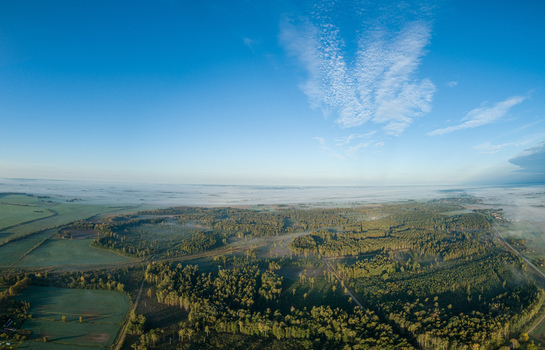 Aerial view of dense forest landscape blanketed in morning mist under a clear blue sky in Jelgava Latvia. Aerial view of dense forest landscape blanketed in morning mist under a clear blue sky in Jelgava Latvia.