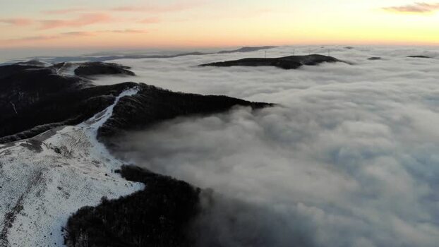 Aerial view of Balkan Mountains above clouds Bulgaria.