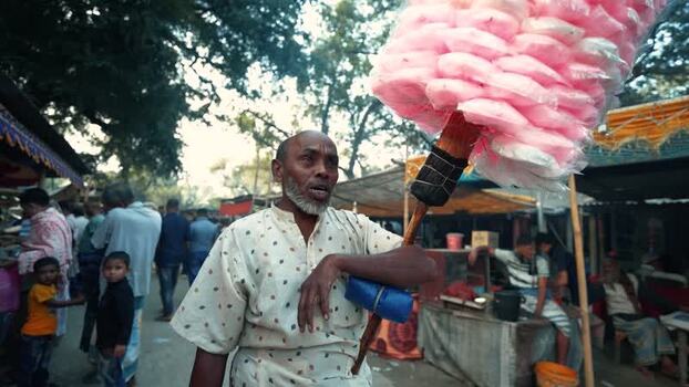 View of a cotton candy vendor in a crowded market Bangladesh. View of a cotton candy vendor in a crowded market Bangladesh.