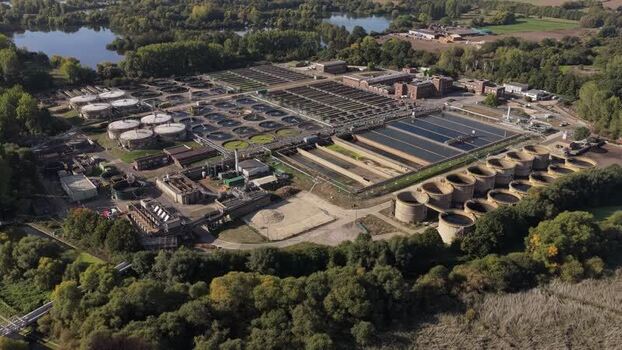 Aerial view of water treatment plant in Maple Cross United Kingdom.