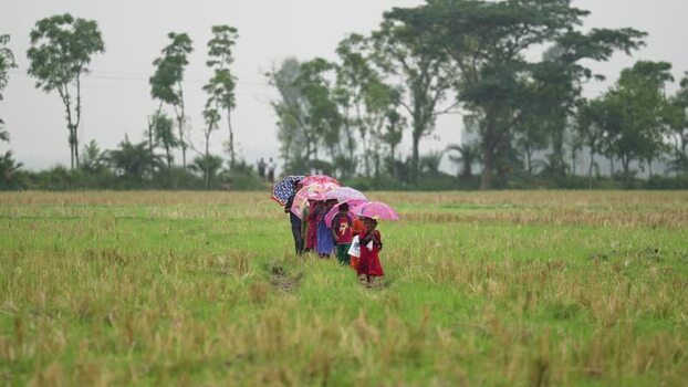 View of children walking with umbrellas through a field Bangladesh.
