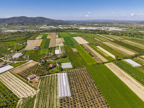Aerial view of agricultural fields and greenhouses in the rural landscape of Lushnje Fier County Albania. Aerial view of agricultural fields and greenhouses in the rural landscape of Lushnje Fier County Albania.