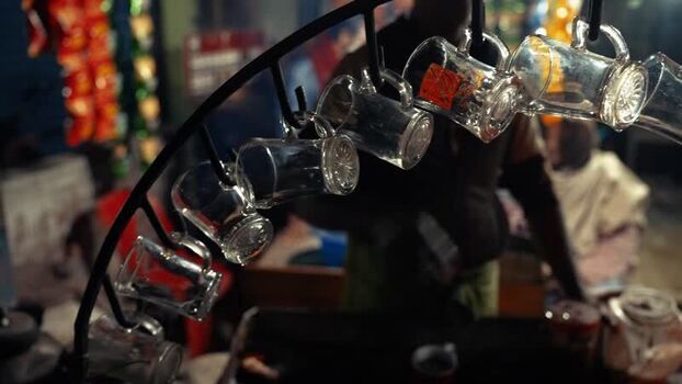 View of glass tea cups at a street stall in Bogura Bangladesh.