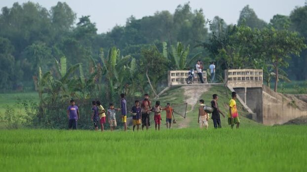 View of children walking through green fields in Bogura Bangladesh. View of children walking through green fields in Bogura Bangladesh.