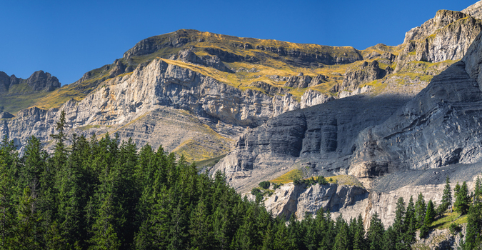 Aerial view of the rugged limestone cliffs of the Bernese Alps rising above a dense evergreen forest under a clear blue sky near Oeschinensee in Kandersteg Canton of Bern Switzerland. Aerial view of the rugged limestone cliffs of the Bernese Alps rising above a dense evergreen forest under a clear blue sky near Oeschinensee in Kandersteg Canton of Bern Switzerland.