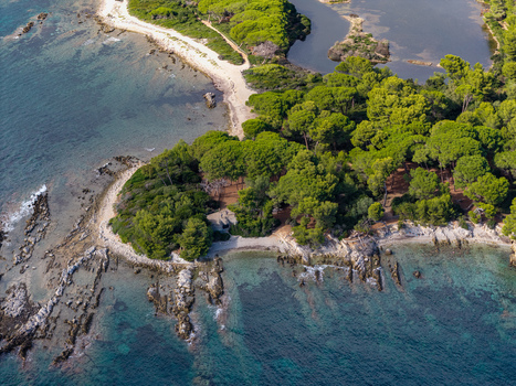 Aerial view of Ile Sainte Marguerite featuring lush pine forests rocky coastlines and turquoise waters in the Mediterranean Sea Cannes Provence Alpes Cote d Azur France. Aerial view of Ile Sainte Marguerite featuring lush pine forests rocky coastlines and turquoise waters in the Mediterranean Sea Cannes Provence Alpes Cote d Azur France.