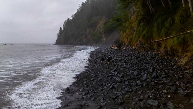 Aerial view of the rugged Lost Coast shoreline with waves crashing on a black pebble beach and steep forested cliffs with people walking Humboldt County California United States.