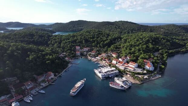 Aerial view of boats and buildings in Pomena Mljet National Park Croatia. Aerial view of boats and buildings in Pomena Mljet National Park Croatia.
