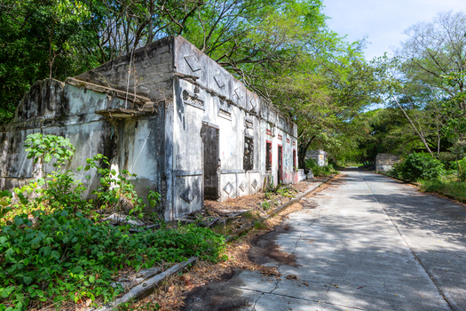 View of an abandoned concrete building being reclaimed by lush green vegetation and trees along a quiet paved road.