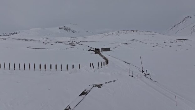 Aerial view of Pyramiden in snowy landscape Svalbard and Jan Mayen.
