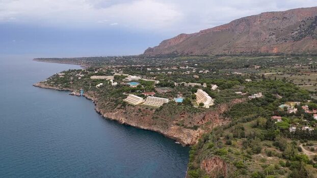 Aerial view of the Terrasini coastline in Sicily Italy.
