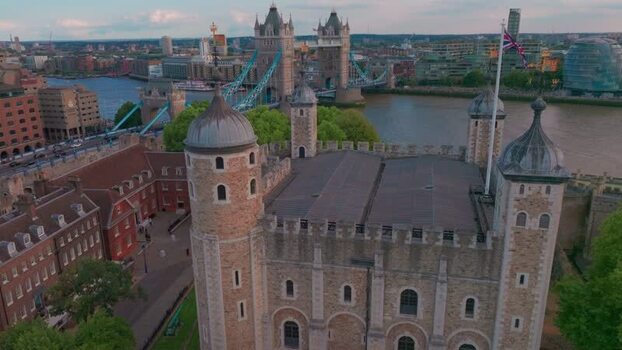 Aerial view of Tower of London and Tower Bridge United Kingdom.