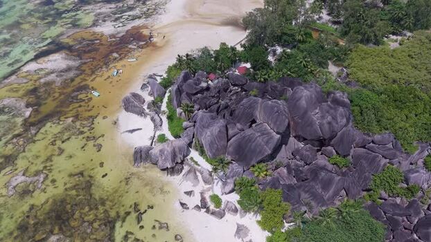 Aerial view of granite boulders at Anse Reunion Seychelles.
