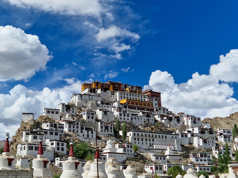 View of Thiksey Monastery a large Tibetan Buddhist monastery complex with white washed buildings and red roofs set against a bright blue sky in Thiksey Ladakh India.