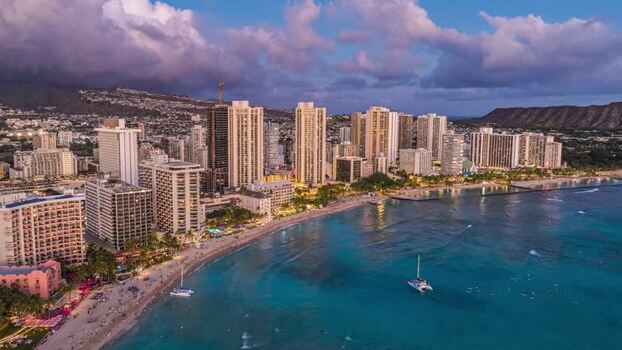 Aerial view of Waikiki Beach and Honolulu skyline United States.