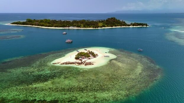 Aerial view of Gili Bedis island and coral reefs Indonesia. Aerial view of Gili Bedis island and coral reefs Indonesia.