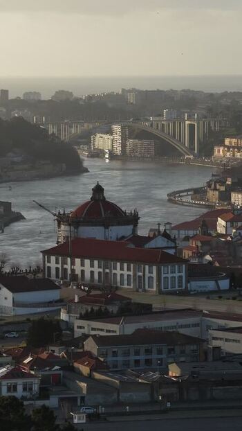 Aerial view of Pilar monastery near Douro River and bridges Portugal.
