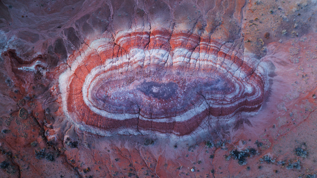 Aerial view of the colorful striped badlands formations with distinct red white and purple sedimentary layers in the desert landscape near Hanksville Utah United States.