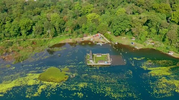 Aerial view of Pura Ulun Danu Tamblingan on Lake Tamblingan Indonesia.