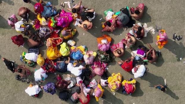 Aerial view of a colorful crowd gathered in Bogura Bangladesh.