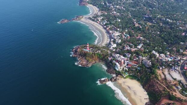 Aerial view of Vizhinjam Lighthouse and Kovalam Beach India. Aerial view of Vizhinjam Lighthouse and Kovalam Beach India.