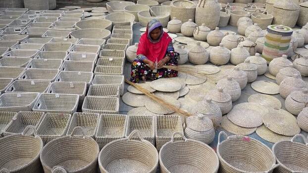 View of a woman weaving traditional baskets in Bogura Bangladesh. View of a woman weaving traditional baskets in Bogura Bangladesh.