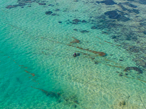Aerial view of a lone fisherman standing in the clear turquoise shallow waters with visible coral reefs and sandy seabed in Kecamatan Denpasar Selatan Bali Indonesia.