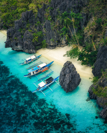 Aerial view of Entalula Beach with traditional outrigger boats moored in turquoise waters against dramatic limestone cliffs in El Nido Mimaropa Philippines.