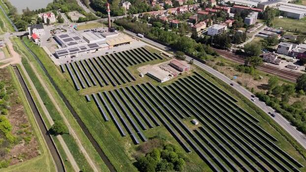Aerial view of a solar farm and industrial facility Czechia. Aerial view of a solar farm and industrial facility Czechia.