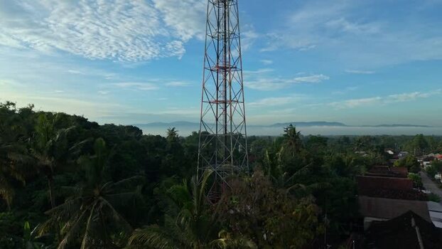Aerial view of a telecommunications tower in Kemalang Indonesia.