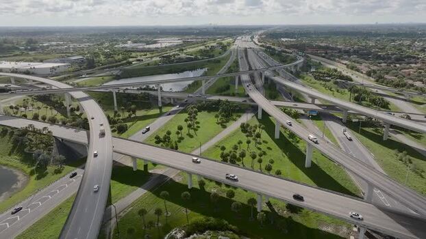 Aerial view of sawgrass interchange and traffic United States.